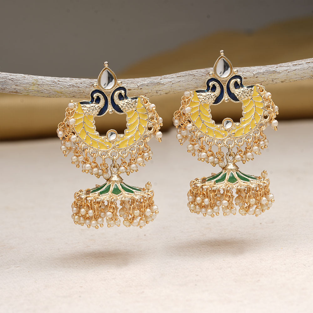 Hansini- Stone Studded Hanging Pearl Jhumki Earrings(Multicolored)