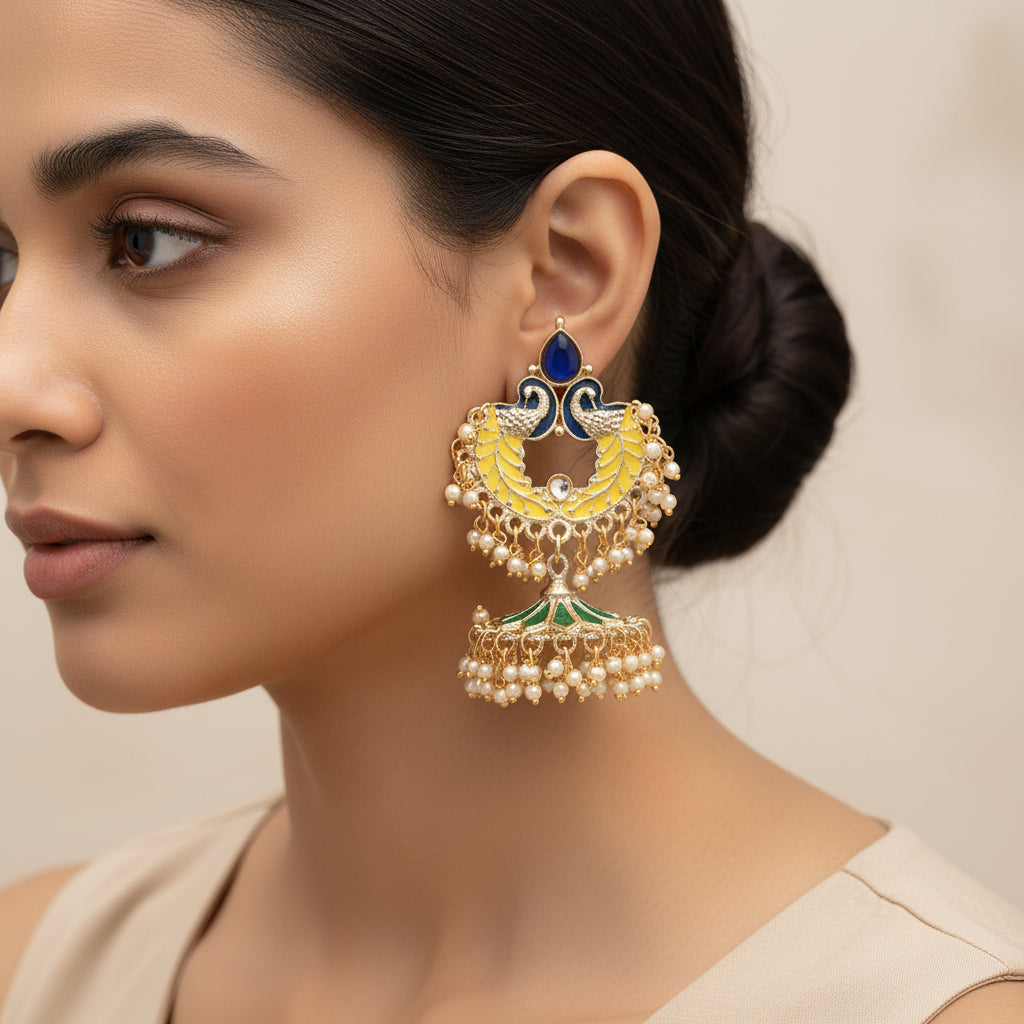Hansini- Stone Studded Hanging Pearl Jhumki Earrings(Multicolored)