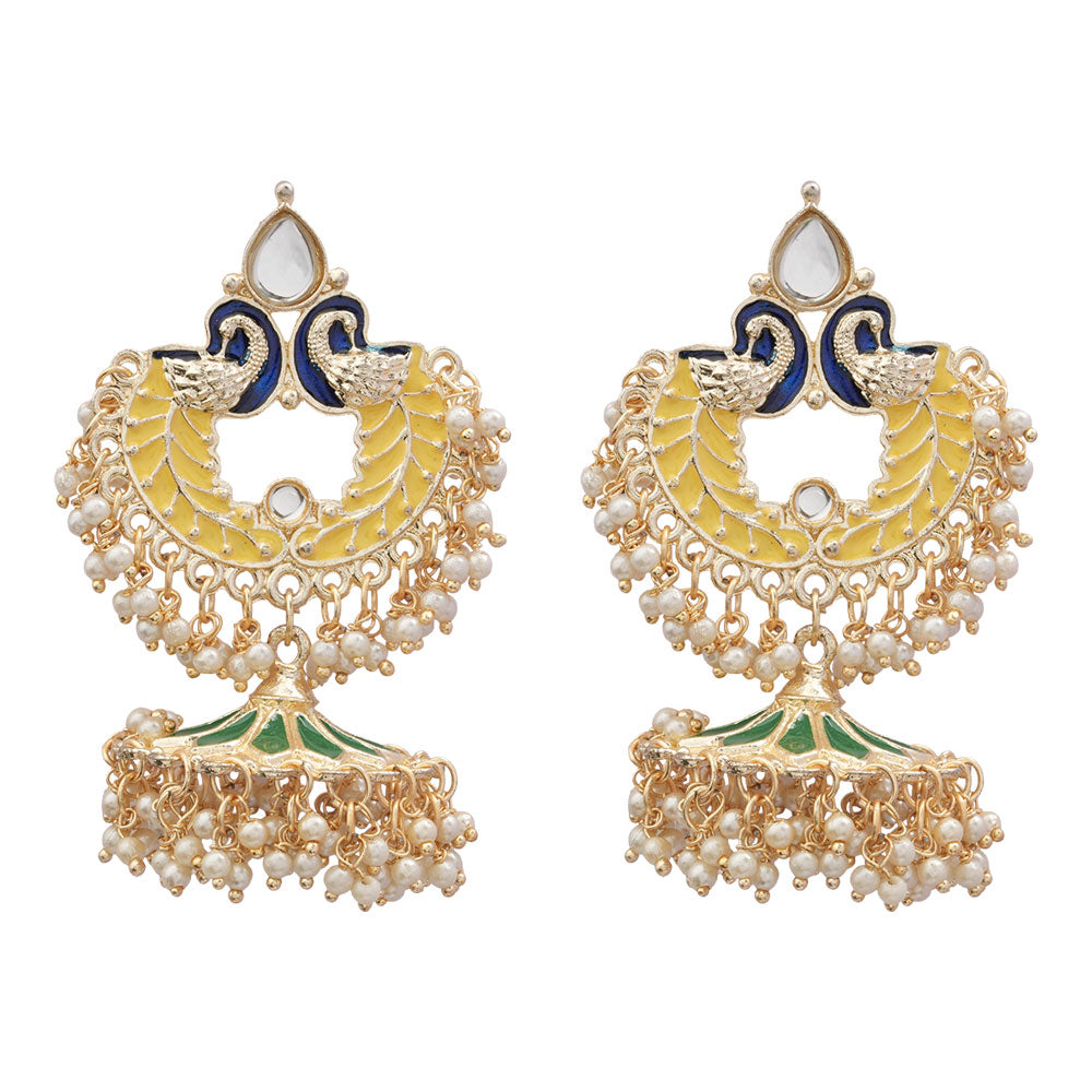 Hansini- Stone Studded Hanging Pearl Jhumki Earrings(Multicolored)