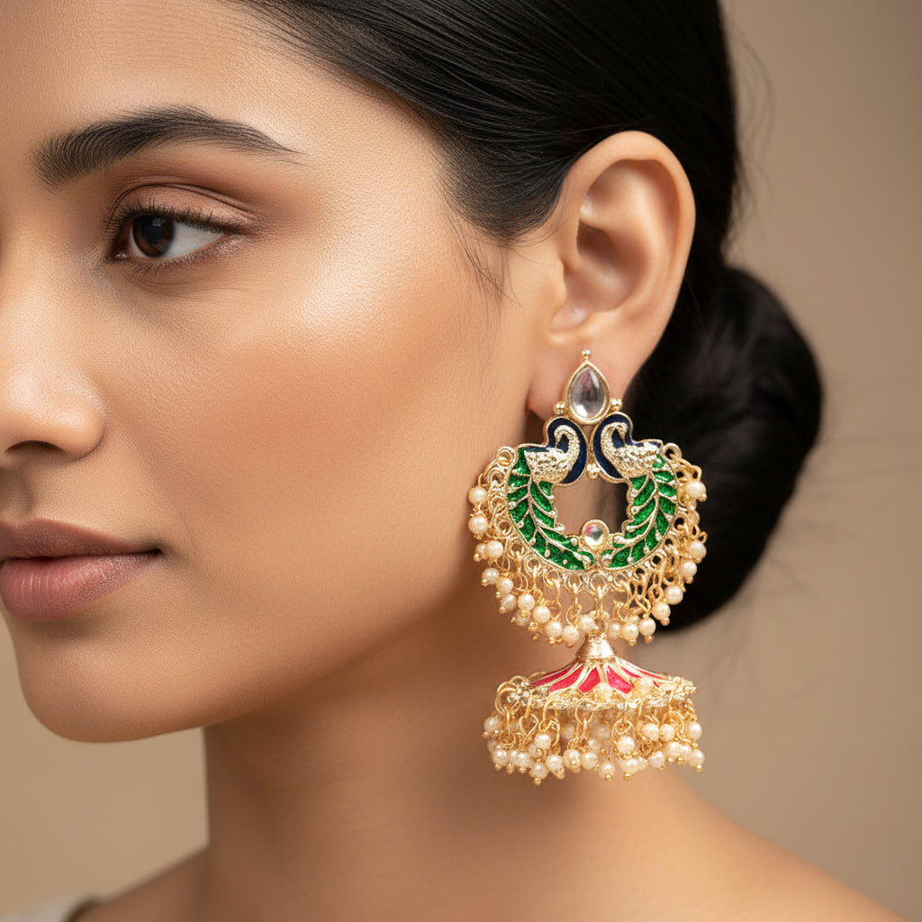 Hansini- Stone Studded Hanging Pearl Dangler Earrings(Multicolored)