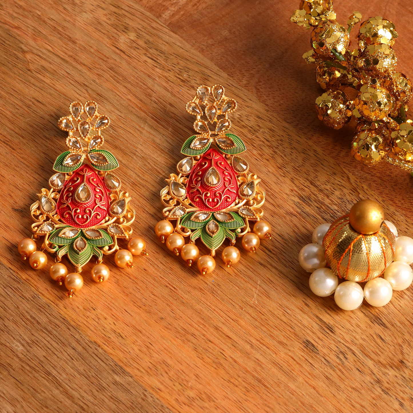 Harini- Stone Studded Hanging Pearl Dangler Earrings(Multicolored- Red and Green)