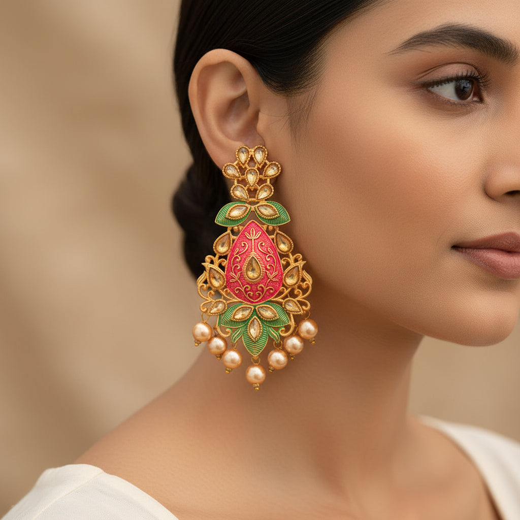 Harini- Stone Studded Hanging Pearl Dangler Earrings(Multicolored- Red and Green)