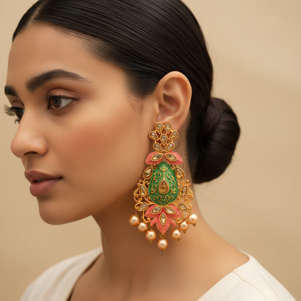 Harini- Stone Studded Hanging Pearl Dangler Earrings(Multicolored)