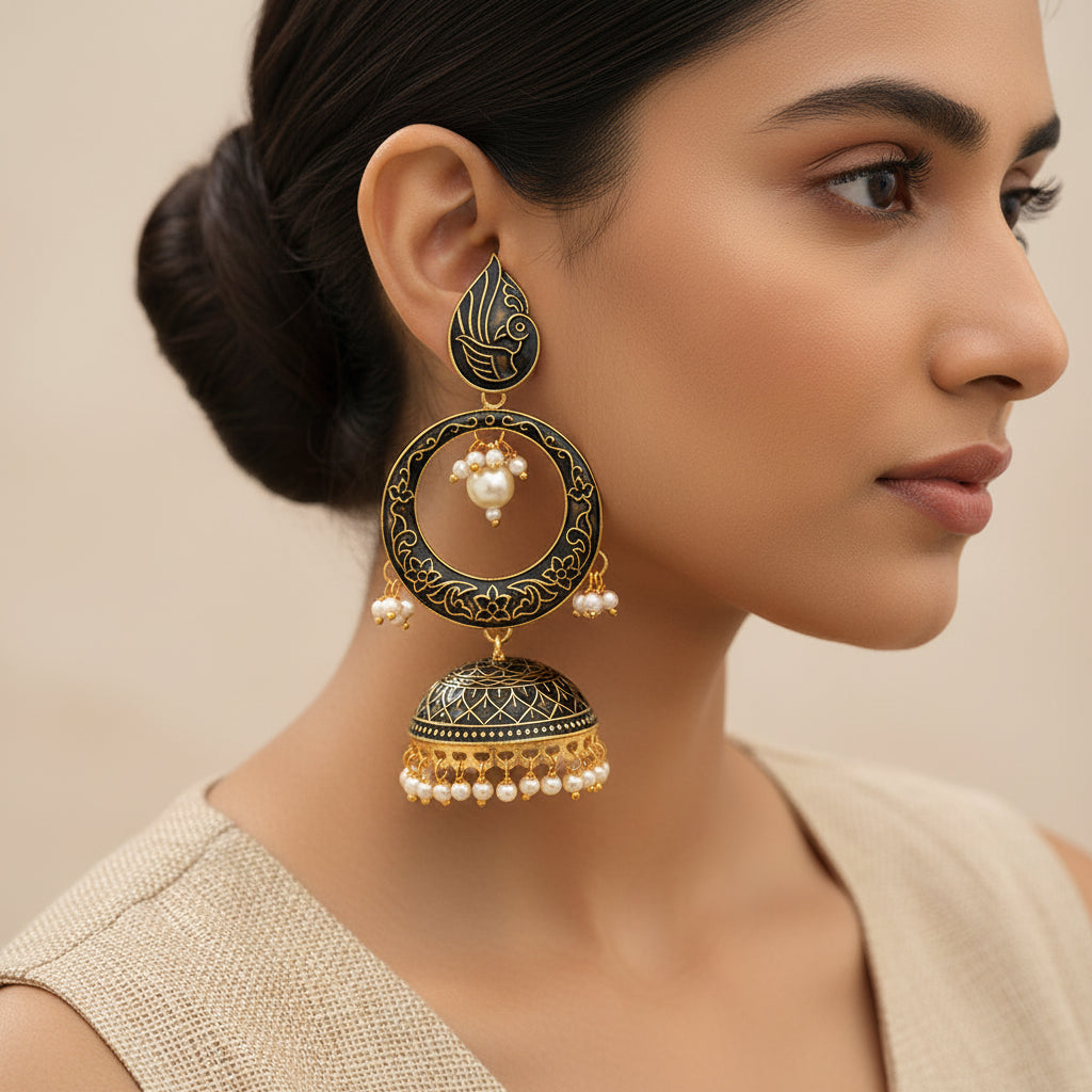 Heer- Stone Studded Hanging Pearl Jhumka Earrings (Black)