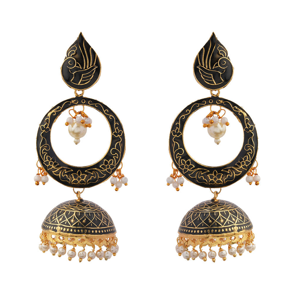 Heer- Stone Studded Hanging Pearl Jhumka Earrings (Black)
