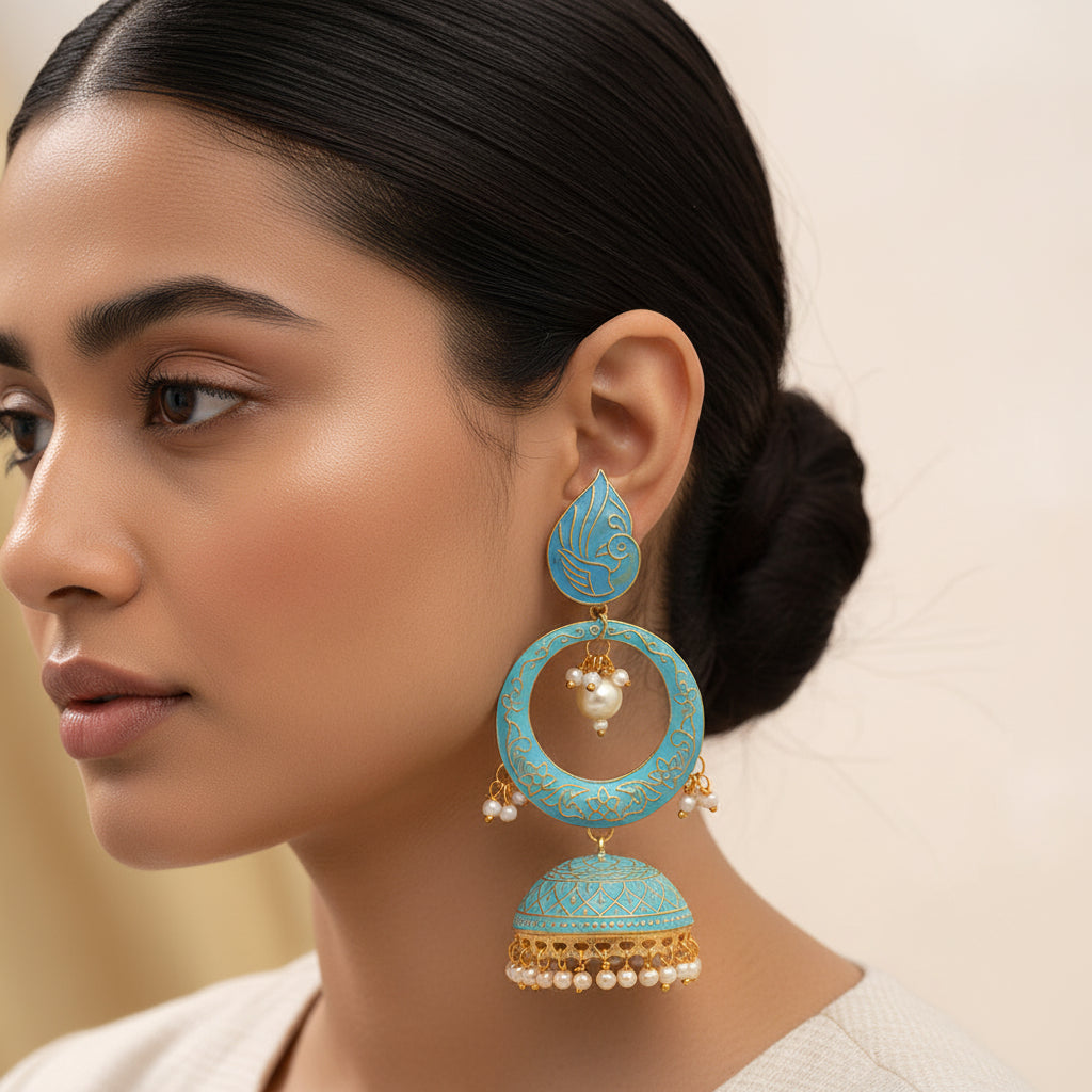 Heer- Stone Studded Hanging Pearl Jhumka Earrings (Sky Blue)