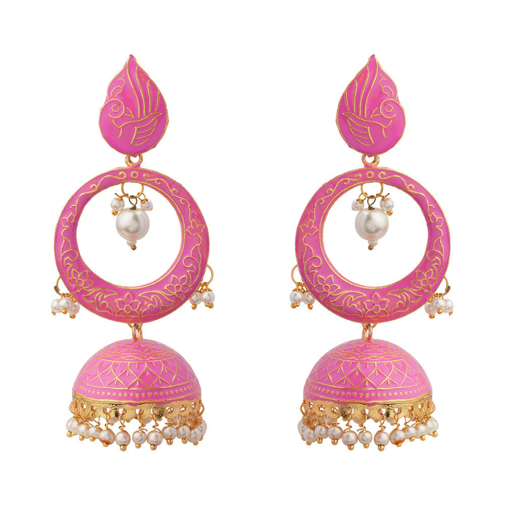 Heer- Stone Studded Hanging Pearl Jhumka Earrings (Pink)