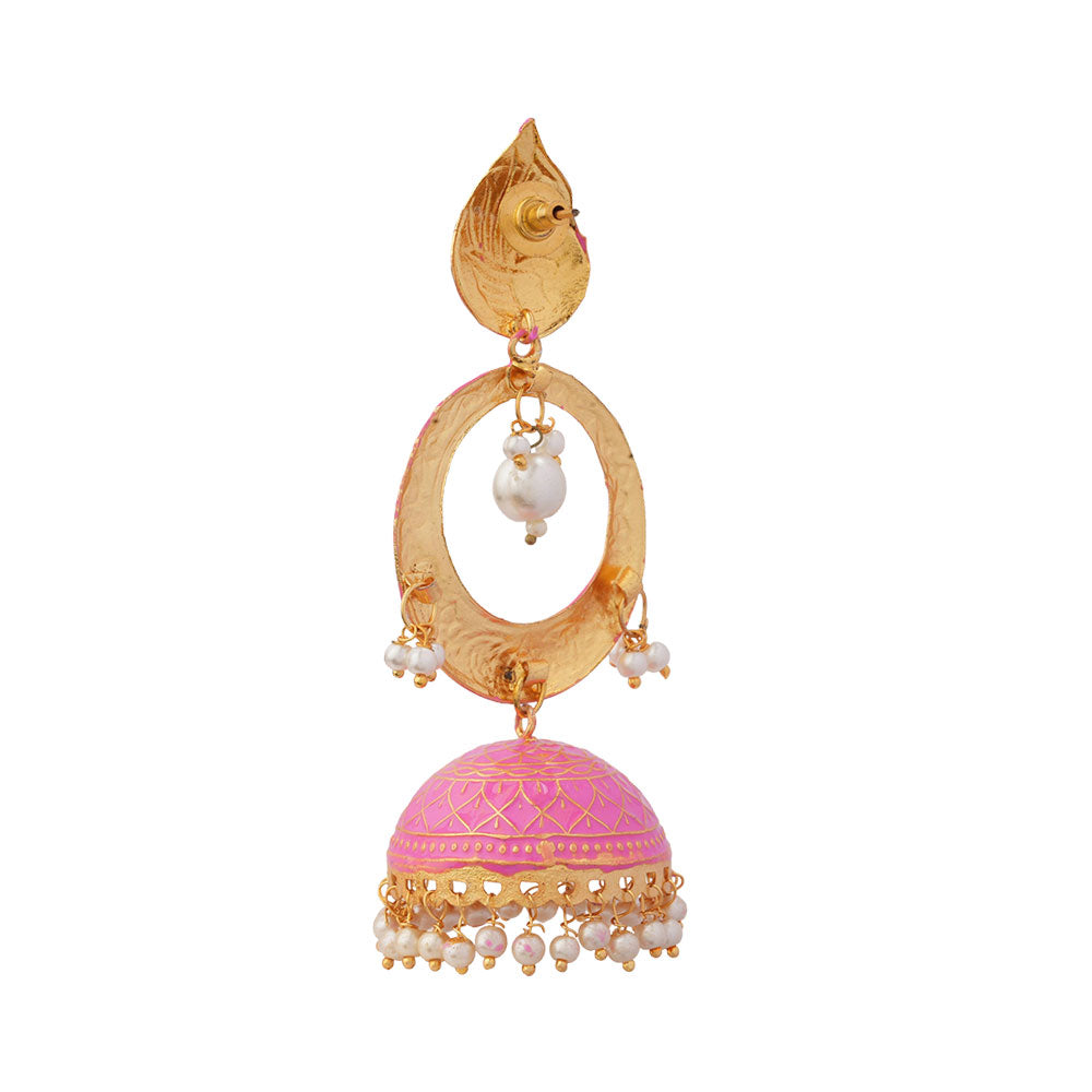 Heer- Stone Studded Hanging Pearl Jhumka Earrings (Pink)