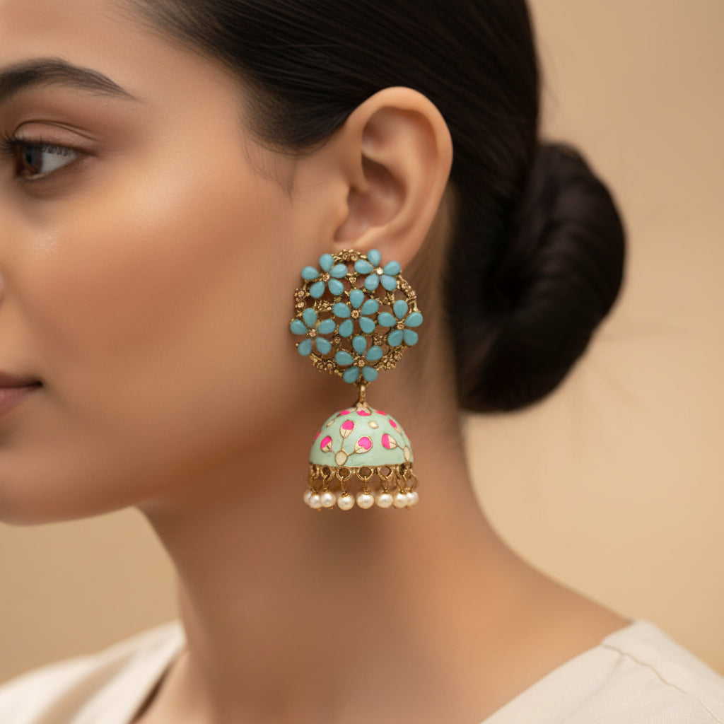 Heeya- Stone Studded Hanging Pearl Jhumka Earrings(Sky Blue)