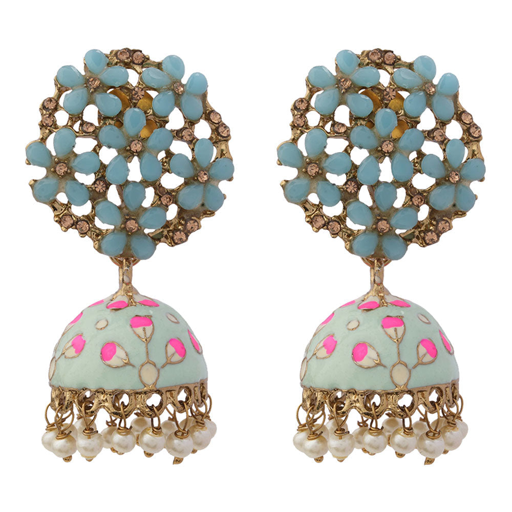 Heeya- Stone Studded Hanging Pearl Jhumka Earrings(Sky Blue)