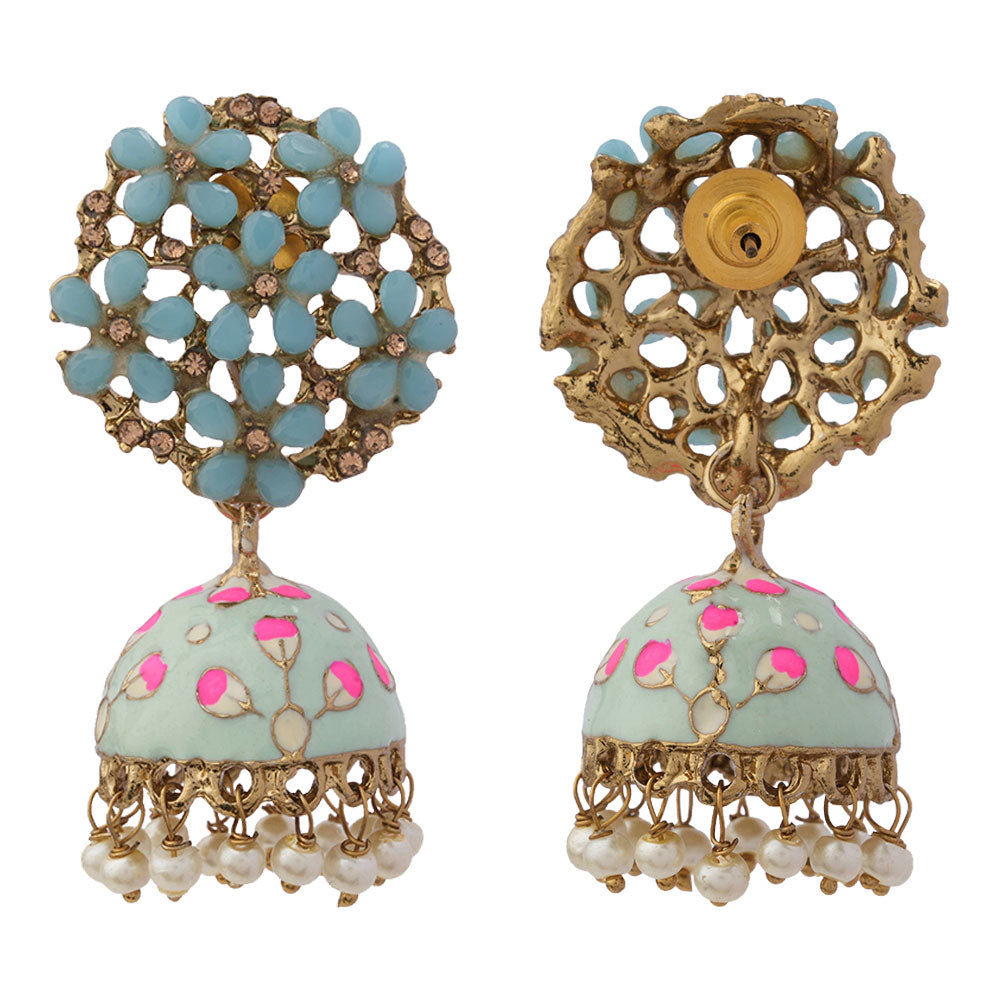 Heeya- Stone Studded Hanging Pearl Jhumka Earrings(Sky Blue)