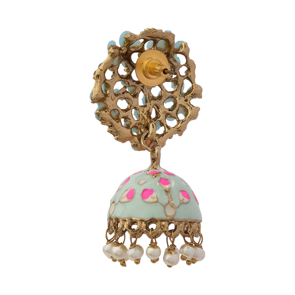 Heeya- Stone Studded Hanging Pearl Jhumka Earrings(Sky Blue)