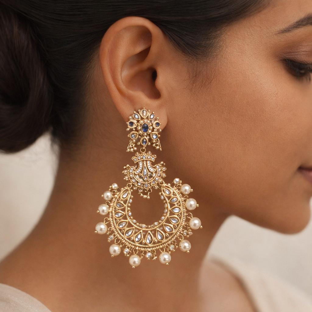 Hrida- Stone Studded Hanging Pearl Dangler Earrings