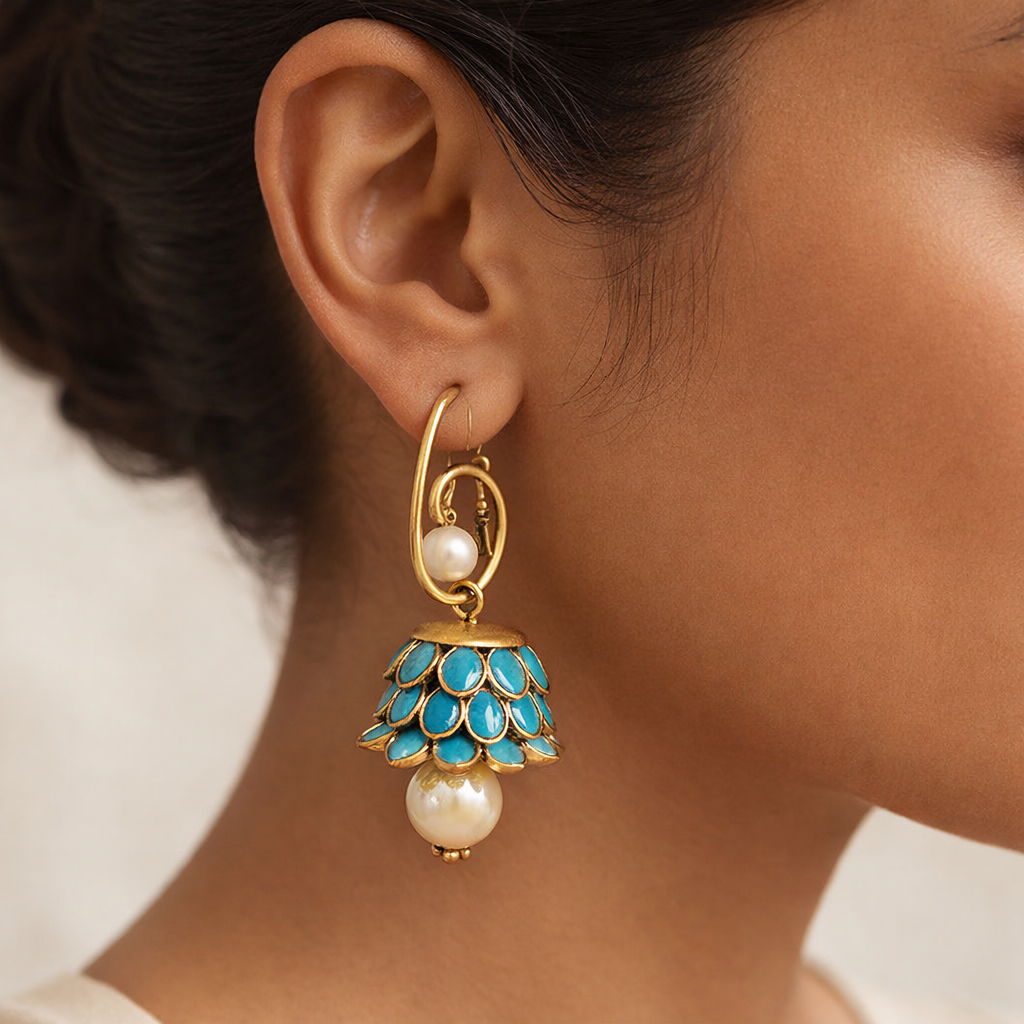 Ishani- Hanging Pearl Jhumki Earrings(Sky Blue)
