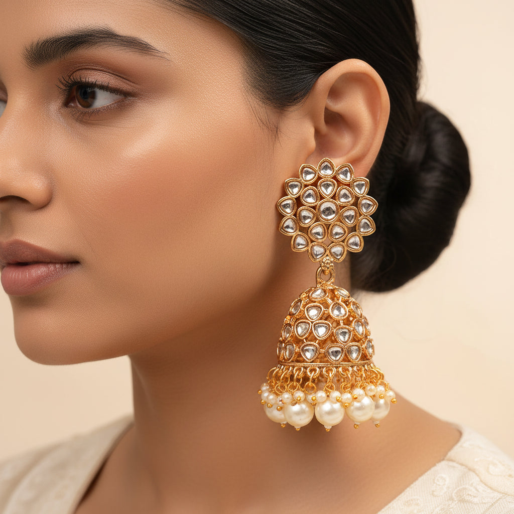 Ivana- Stone Studded Hanging Pearl Jhumki Earrings