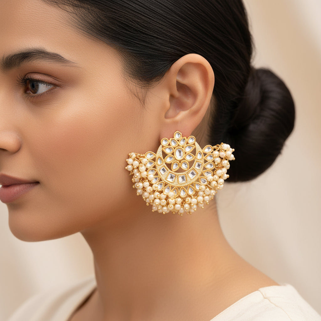 Jhanvi- Stone Studded Hanging Pearl Jhumki Earrings