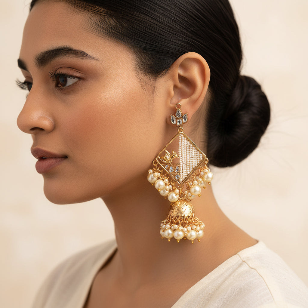 Jiya- Stone Studded Hanging Pearl Jhumki Earrings