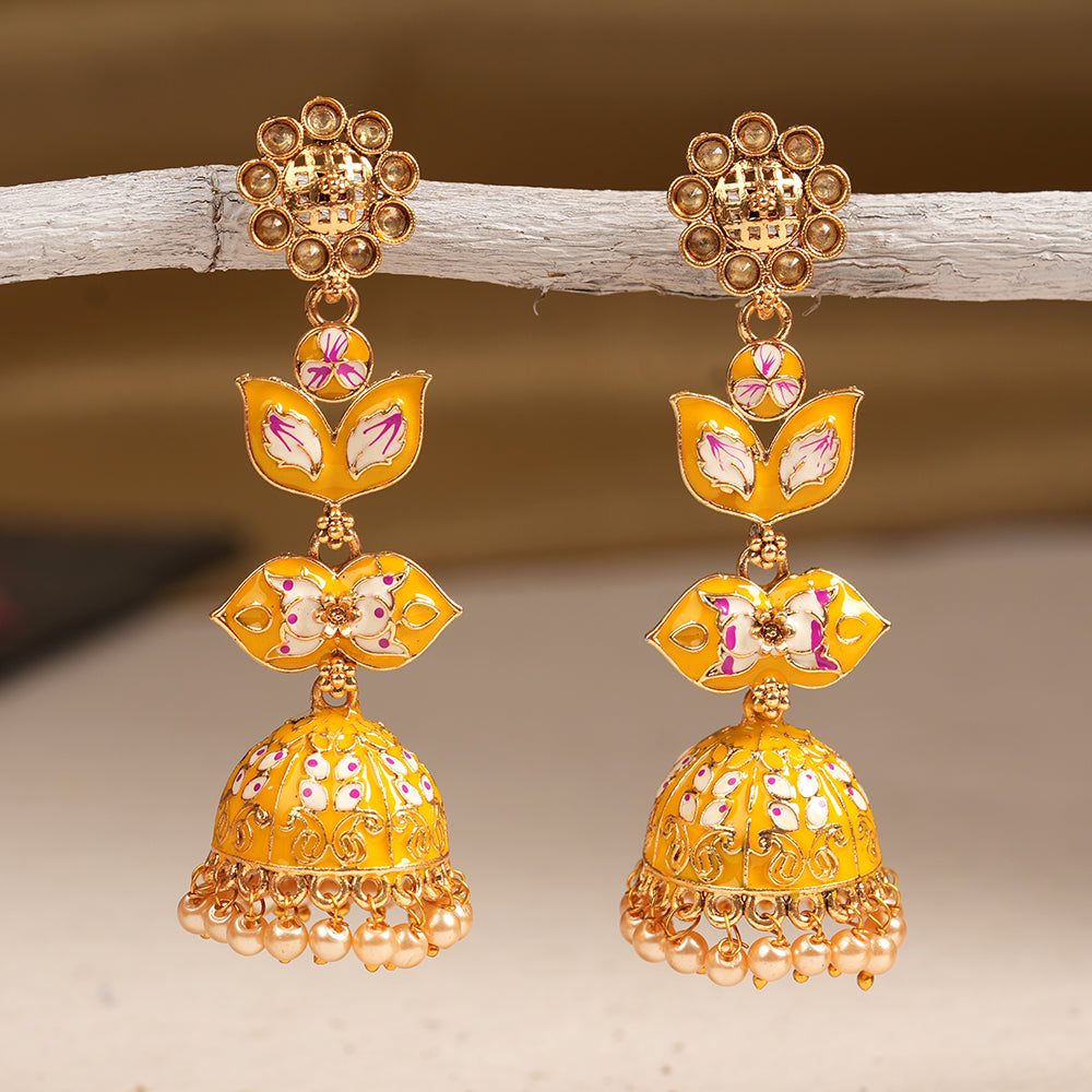 Kalika- Stone Studded Hanging Pearl Jhumki Earrings(Yellow)