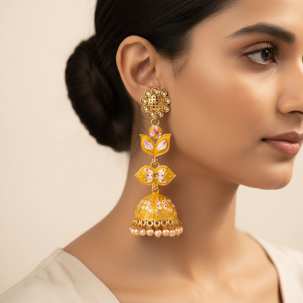 Kalika- Stone Studded Hanging Pearl Jhumki Earrings(Yellow)