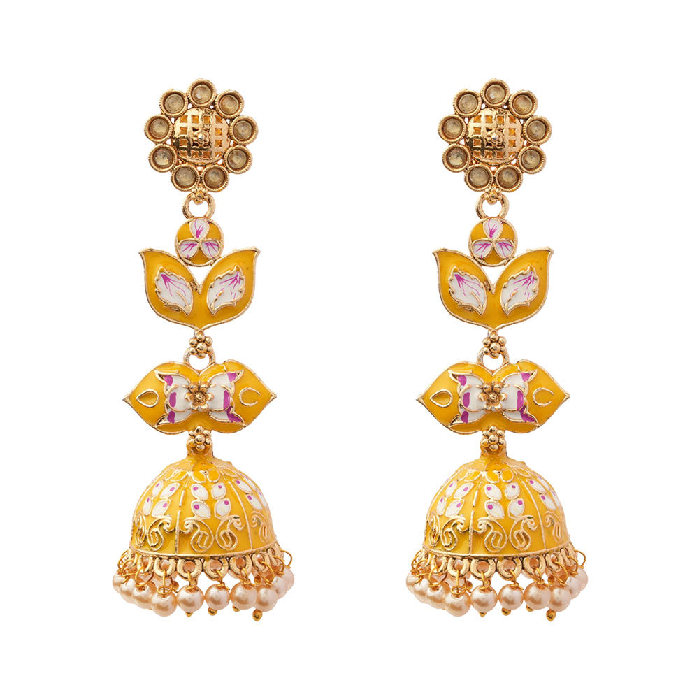 Kalika- Stone Studded Hanging Pearl Jhumki Earrings(Yellow)