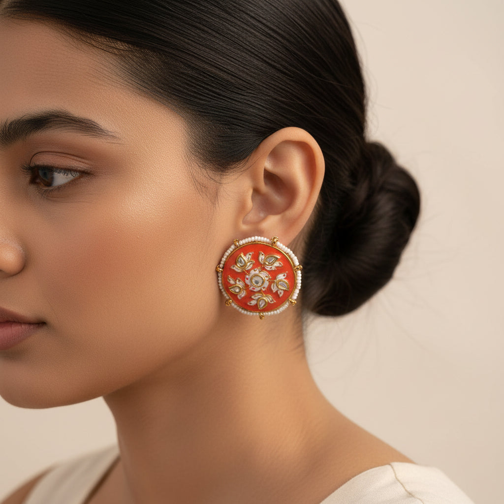 Kriti- Pearl Framed Stud Earrings(Red)