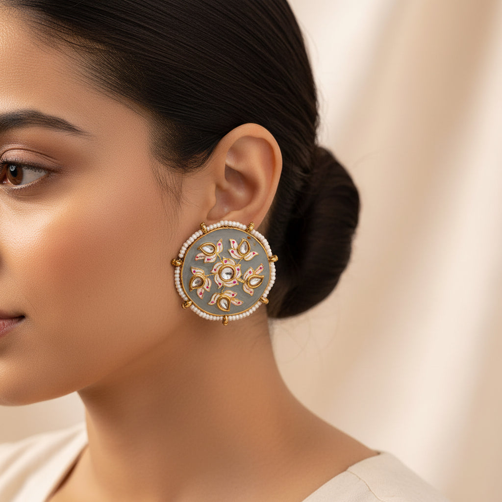 Kriti- Pearl Framed Stud Earrings(Gray)