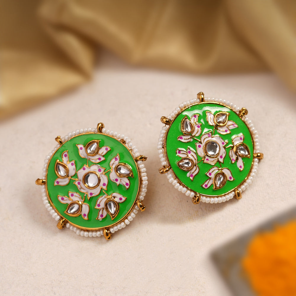 Kriti- Pearl Framed Stud Earrings(Parrot Green)