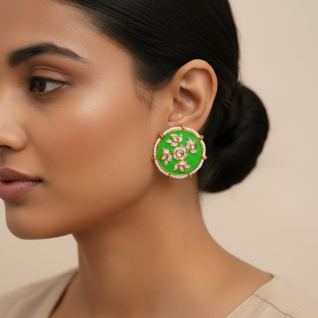 Kriti- Pearl Framed Stud Earrings(Parrot Green)
