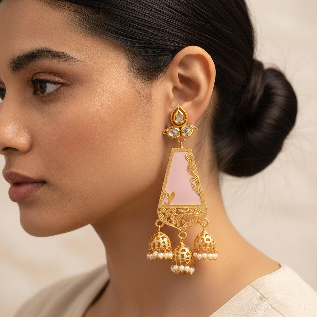 Krisha- Stone Studded Hanging Pearl Jhumki Earrings