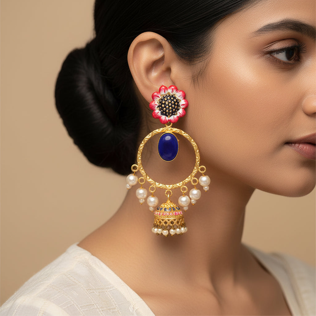 Laila- Stone Studded Hnaging Pearl Jhumki Earrings(Blue)