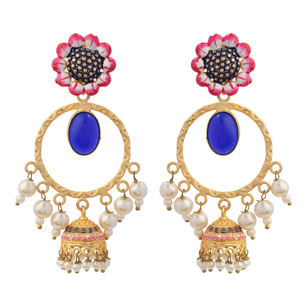 Laila- Stone Studded Hnaging Pearl Jhumki Earrings(Blue)