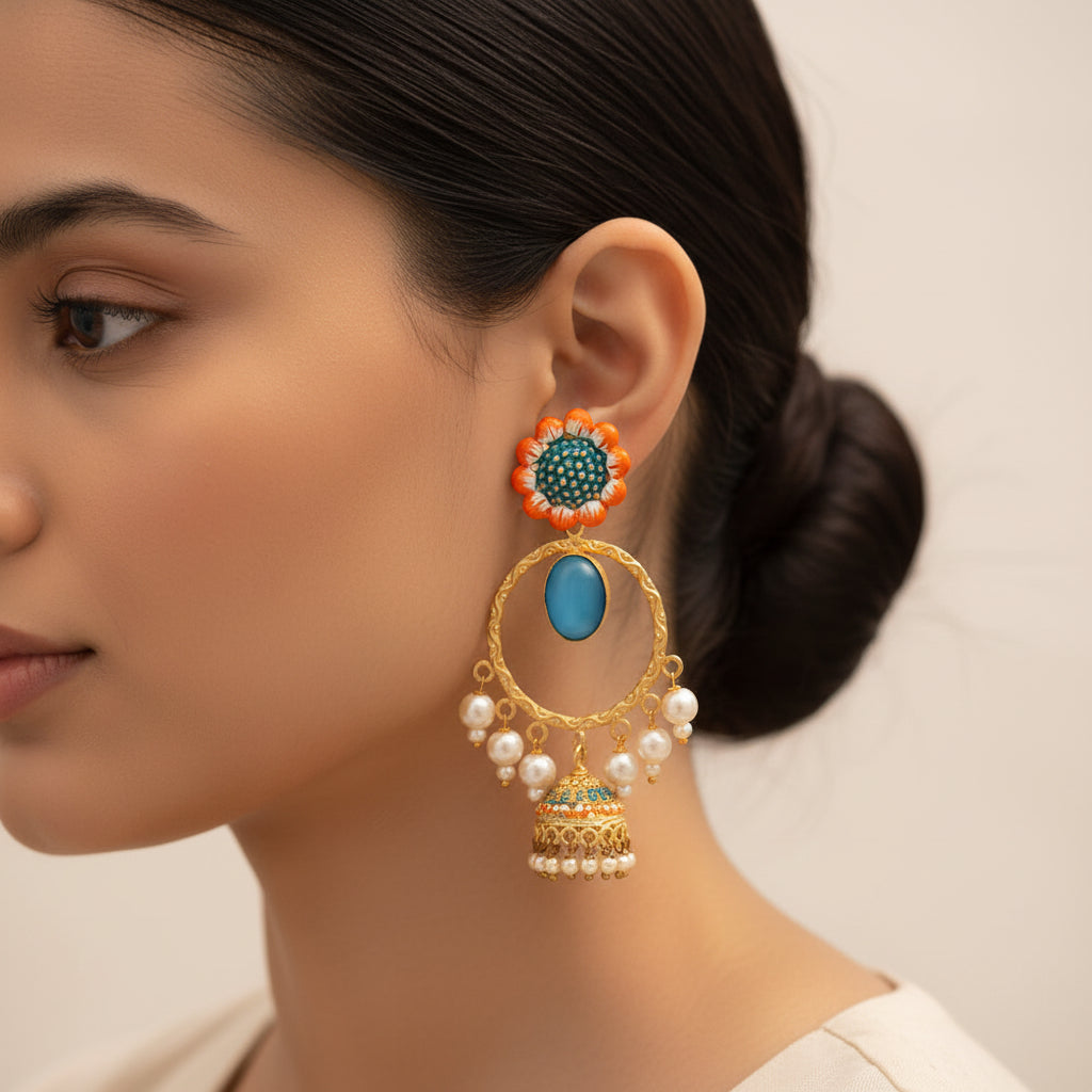 Laila- Stone Studded Hnaging Pearl Jhumki Earrings(Sky Blue)