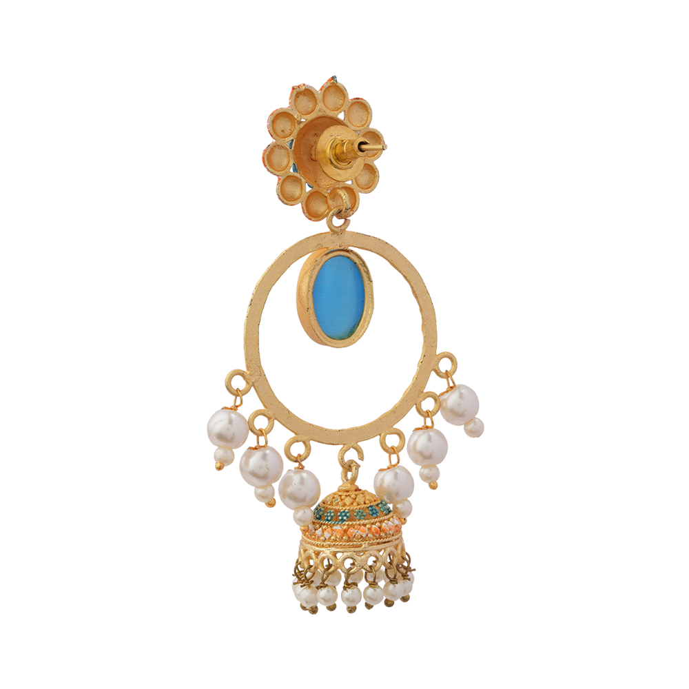 Laila- Stone Studded Hnaging Pearl Jhumki Earrings(Sky Blue)