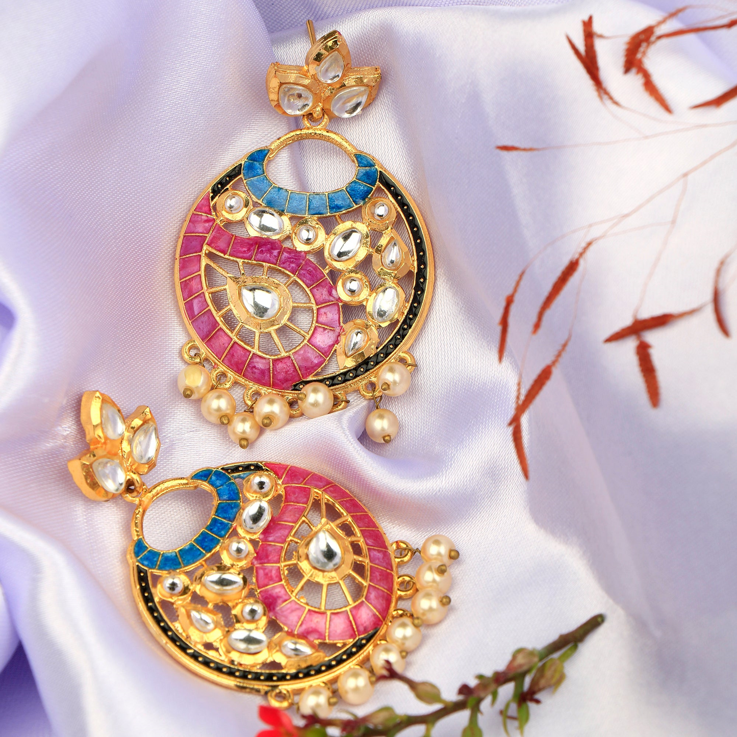 Lavanya – Stone-Studded Hanging Pearl Dangler Earrings (Multicolored)