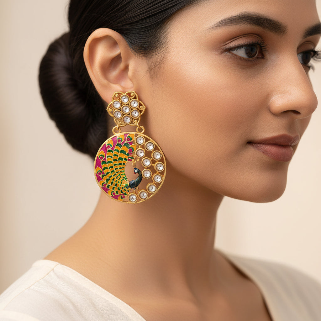 Madhvi- Stone Studded Golden Framed Dangler Earrings