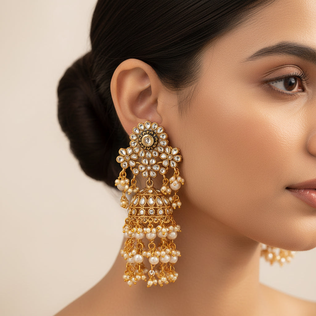 Maira- Stone Studded Hanging Pearl Jhumka Earrings