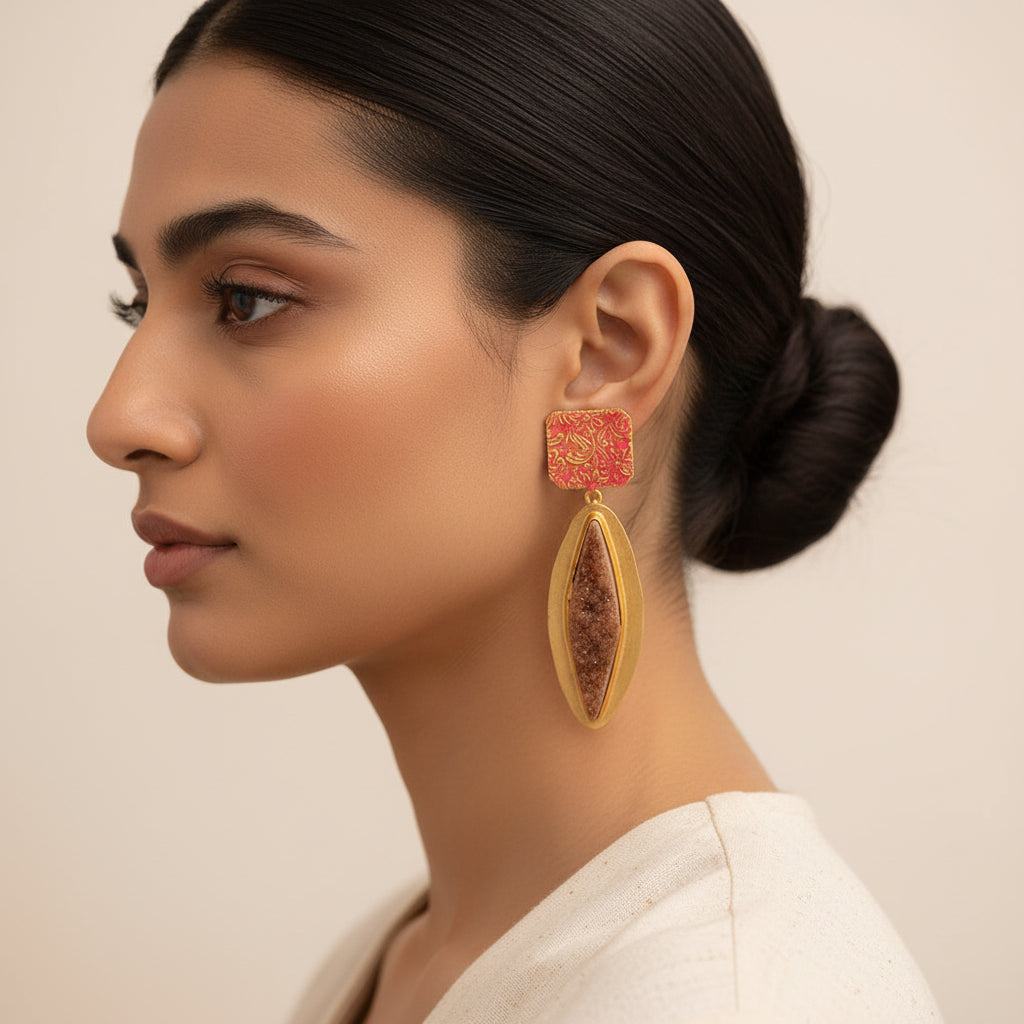 Malini- Unpolished natural stone embedded Dangler Earrings(Brown)