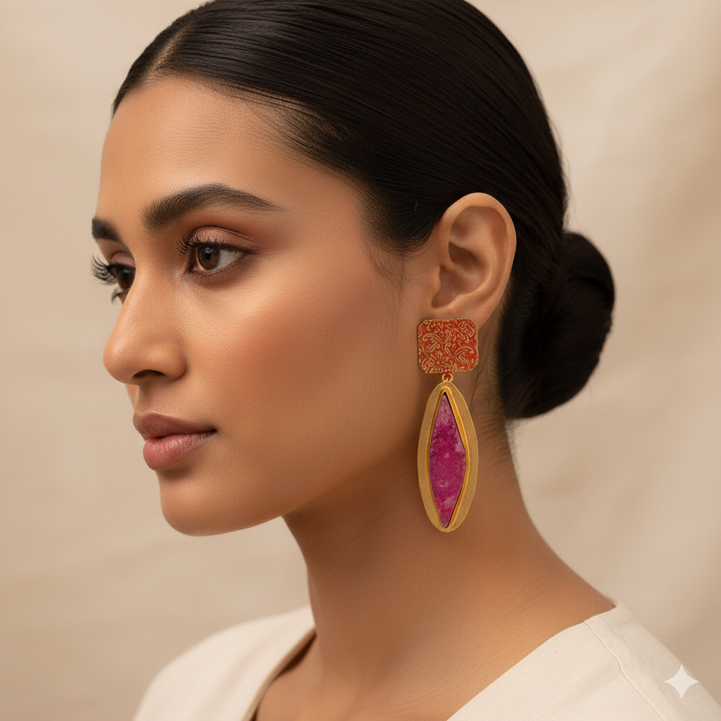 Malini- Unpolished natural stone embedded Dangler Earrings(Pink)