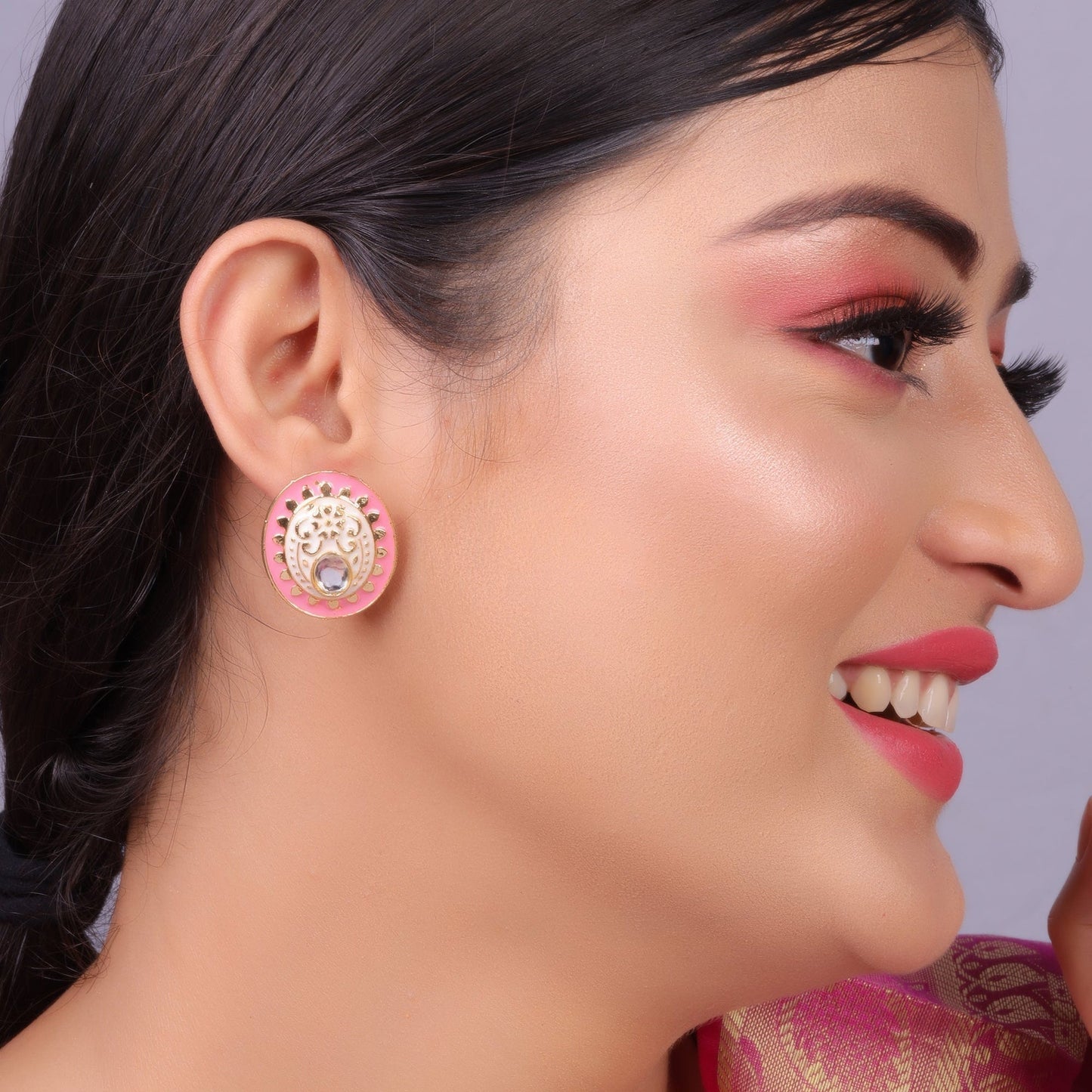 Manjari- Stone Studded Stud Earrings(Baby Pink)