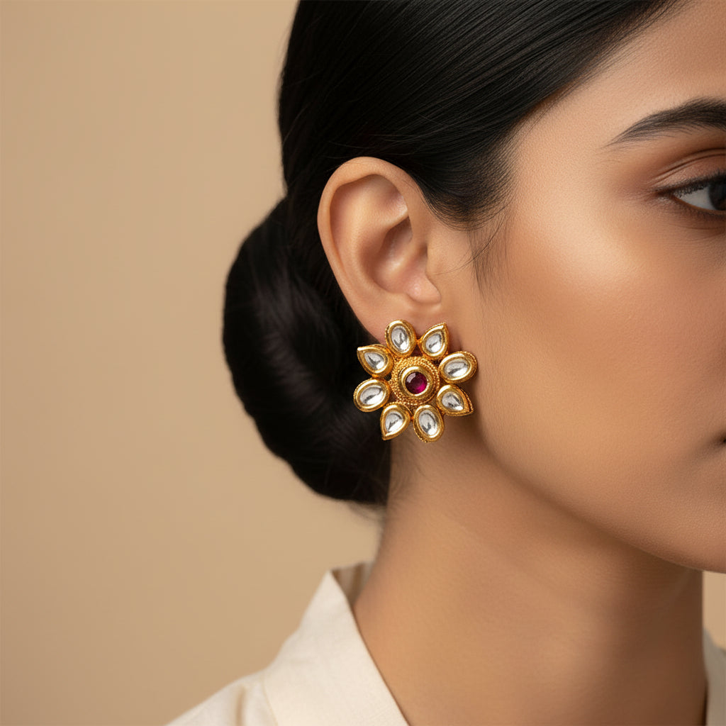 Mihira- Stone Studded Golden Framed Stud Earrings