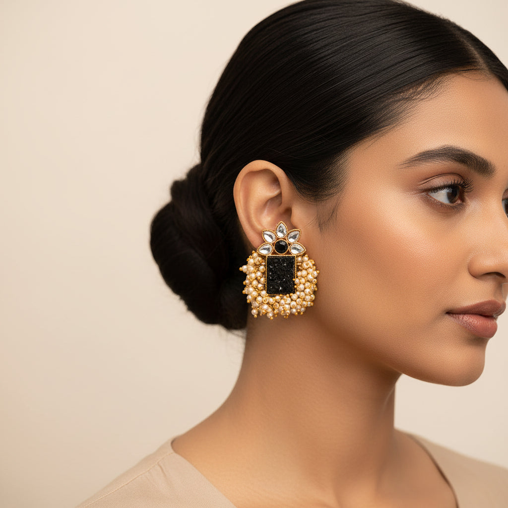 Mishka- Stone Studded Pearl Framed Stud Earrings