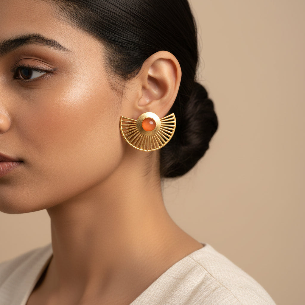 Namya- Stone Studded Golden Stud Earrings(Orange)