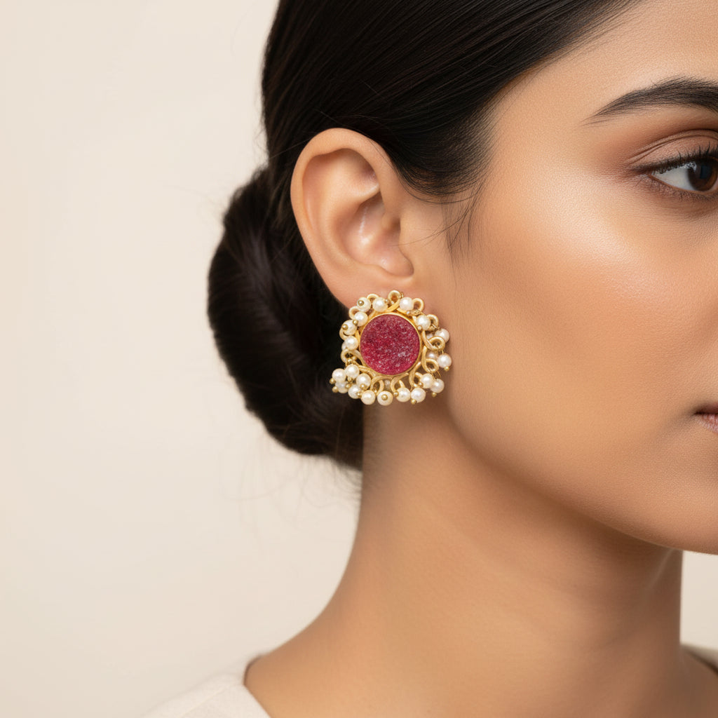 Navya- Stone Studded Hanging Pearls Stud Earrings