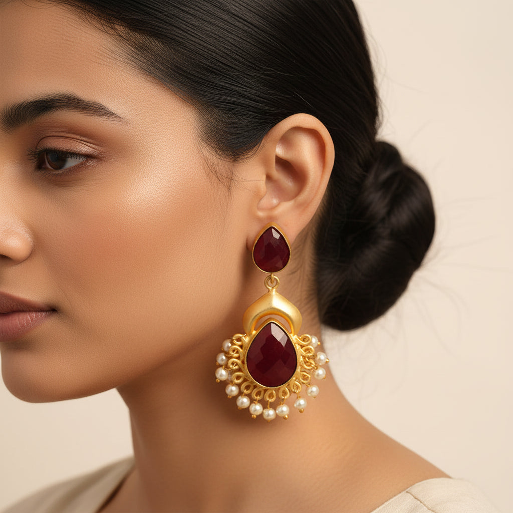 Nidhi- Stone Studded Hanging Pearls Dangler Earrings