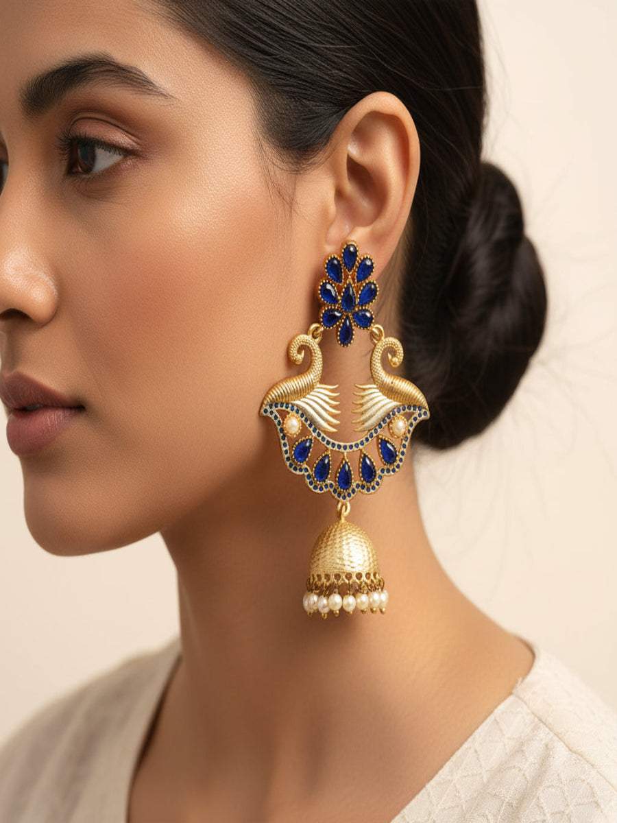 Nishita- Stone Studded Hanging Pearl Jhumki Earrings