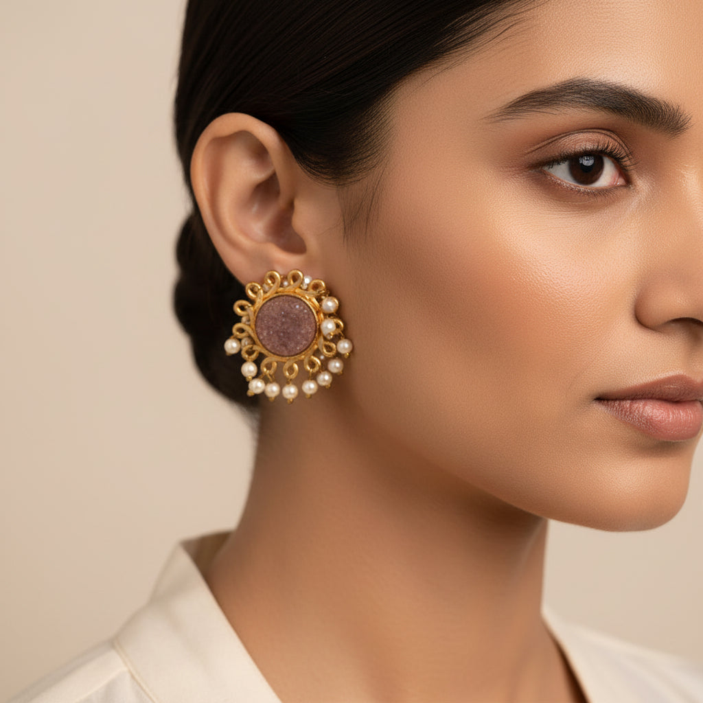 Nyra- Stone Studded Hanging Pearls Dangler Earrings