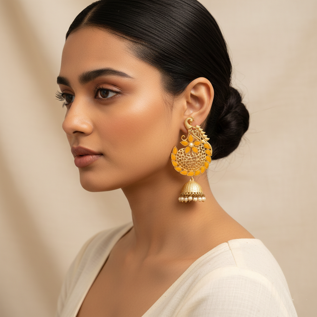 Prisha- Stone Studded Hanging Pearl Jhumki Earrings(Yellow)