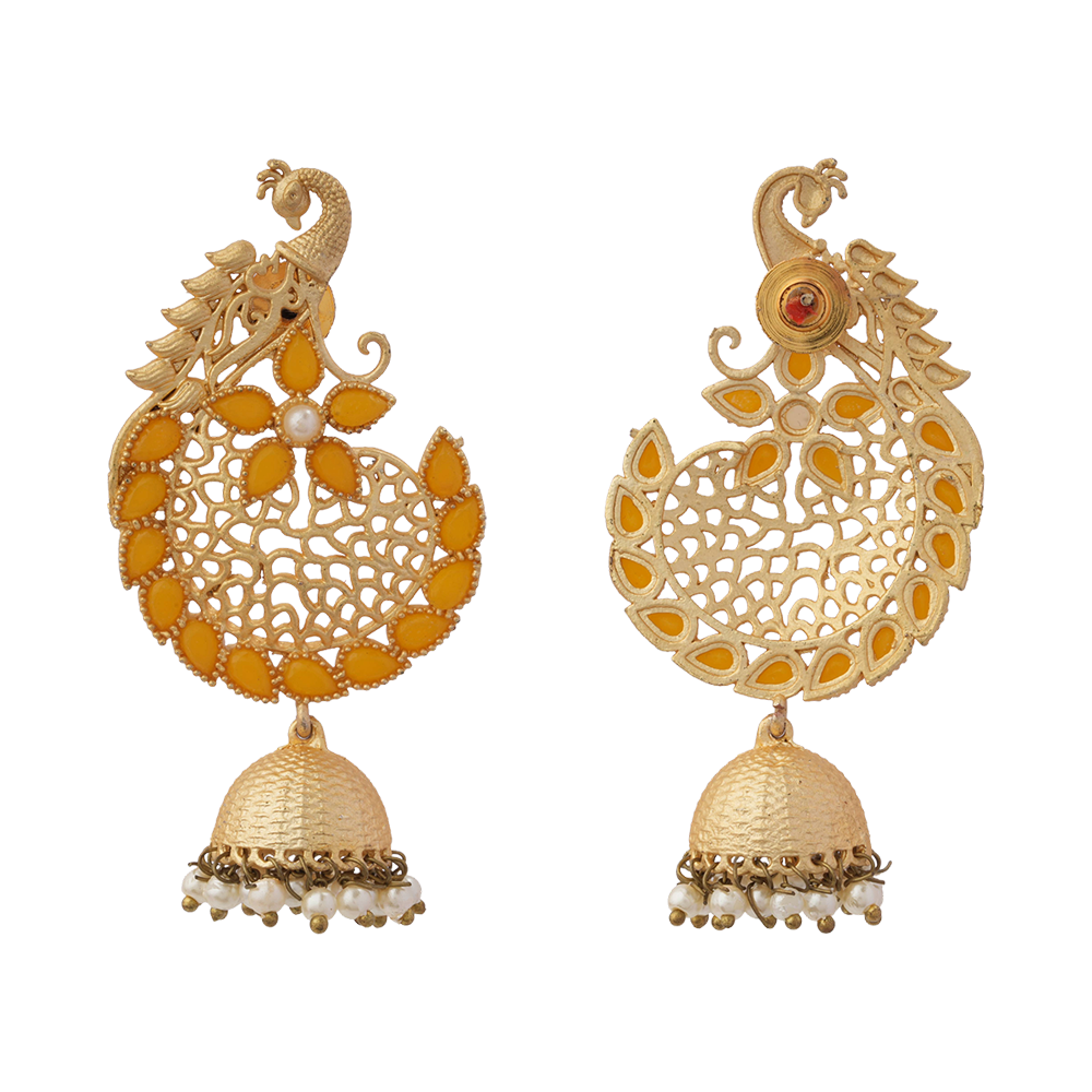 Prisha- Stone Studded Hanging Pearl Jhumki Earrings(Yellow)
