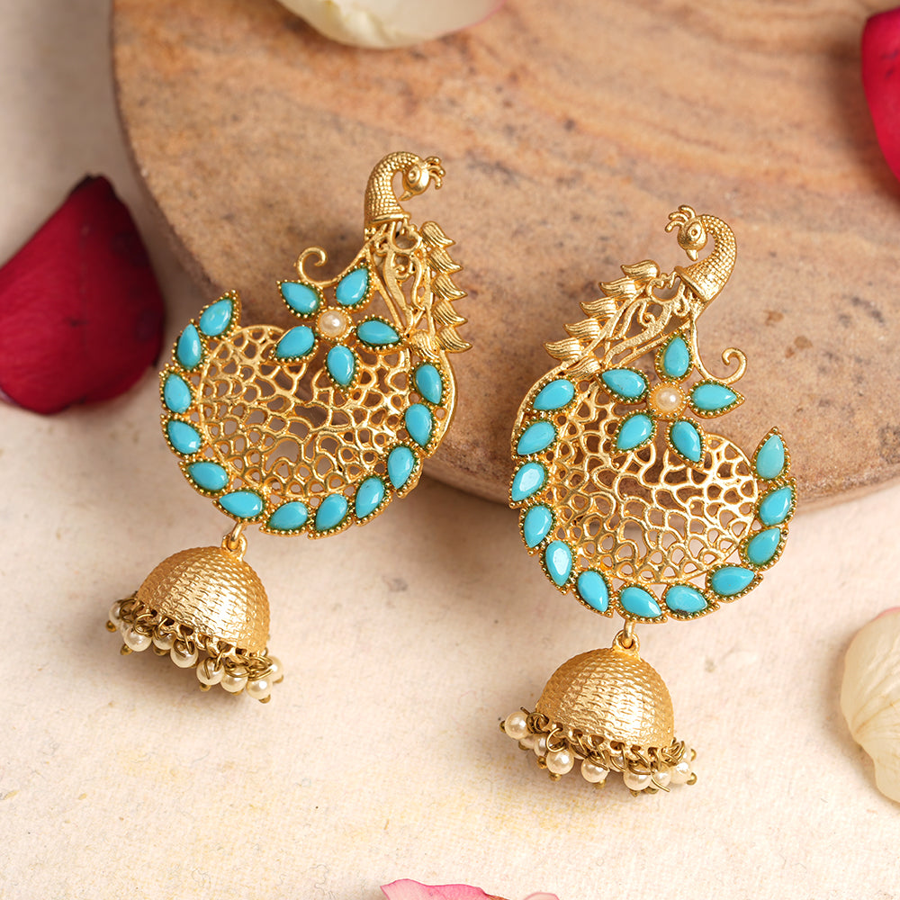 Prisha- Stone Studded Hanging Pearl Jhumki Earrings(Sky Blue)