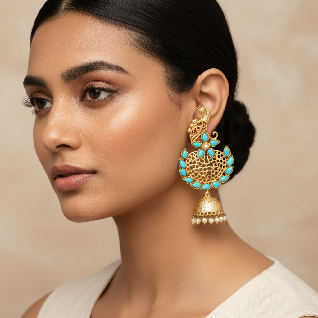Prisha- Stone Studded Hanging Pearl Jhumki Earrings(Sky Blue)